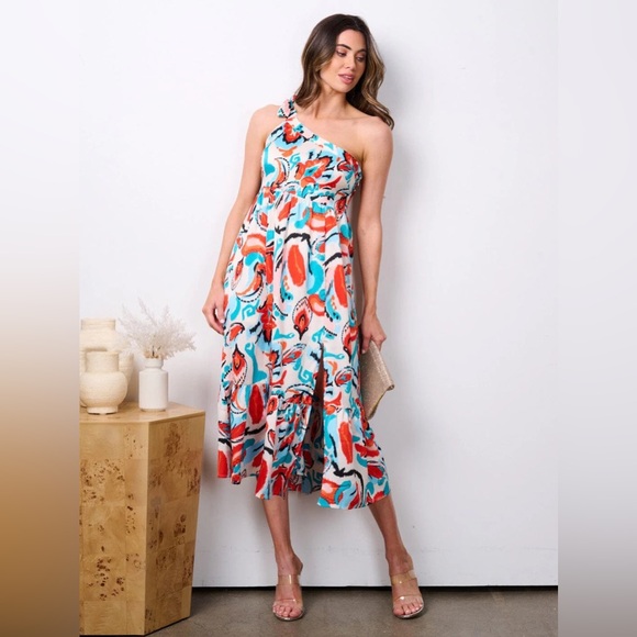 Love Knot Tie One-Shoulder Tiered Multicolor Abstract Midi Dress